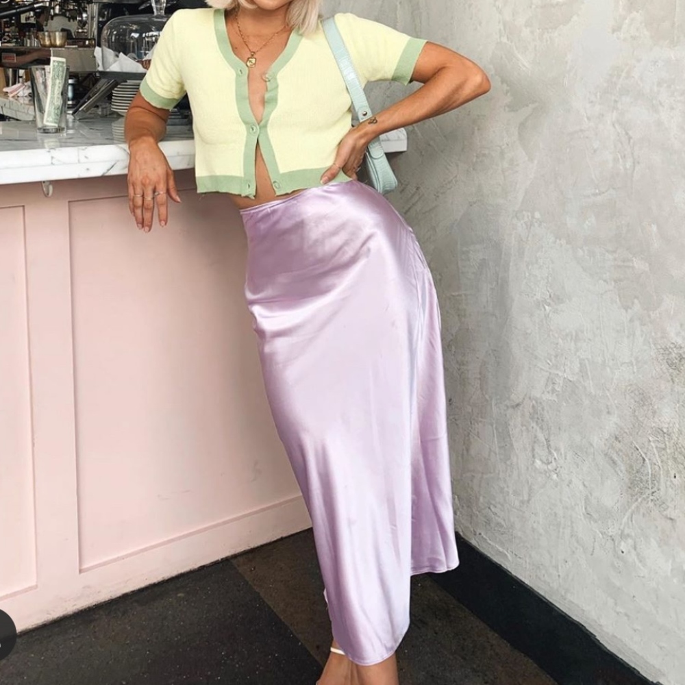Lavender satin midi skirt